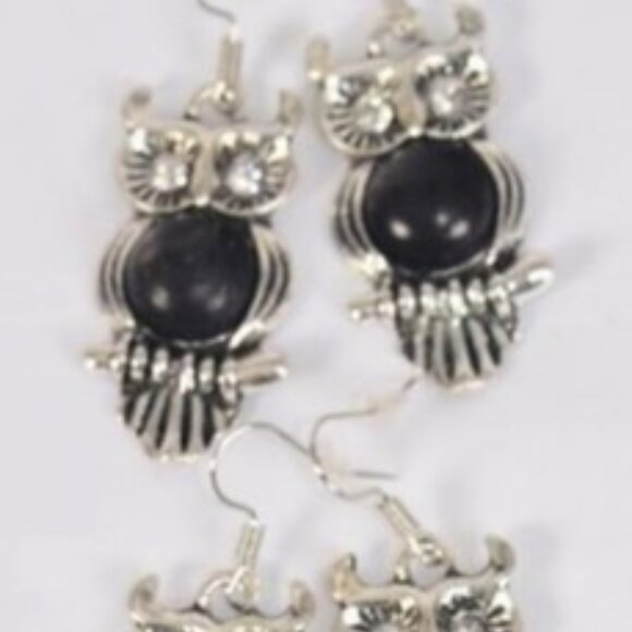 Antique Silver  Owl Black Semiprecious Stone Earrings Tribal indigenous NEW - Picture 1 of 5